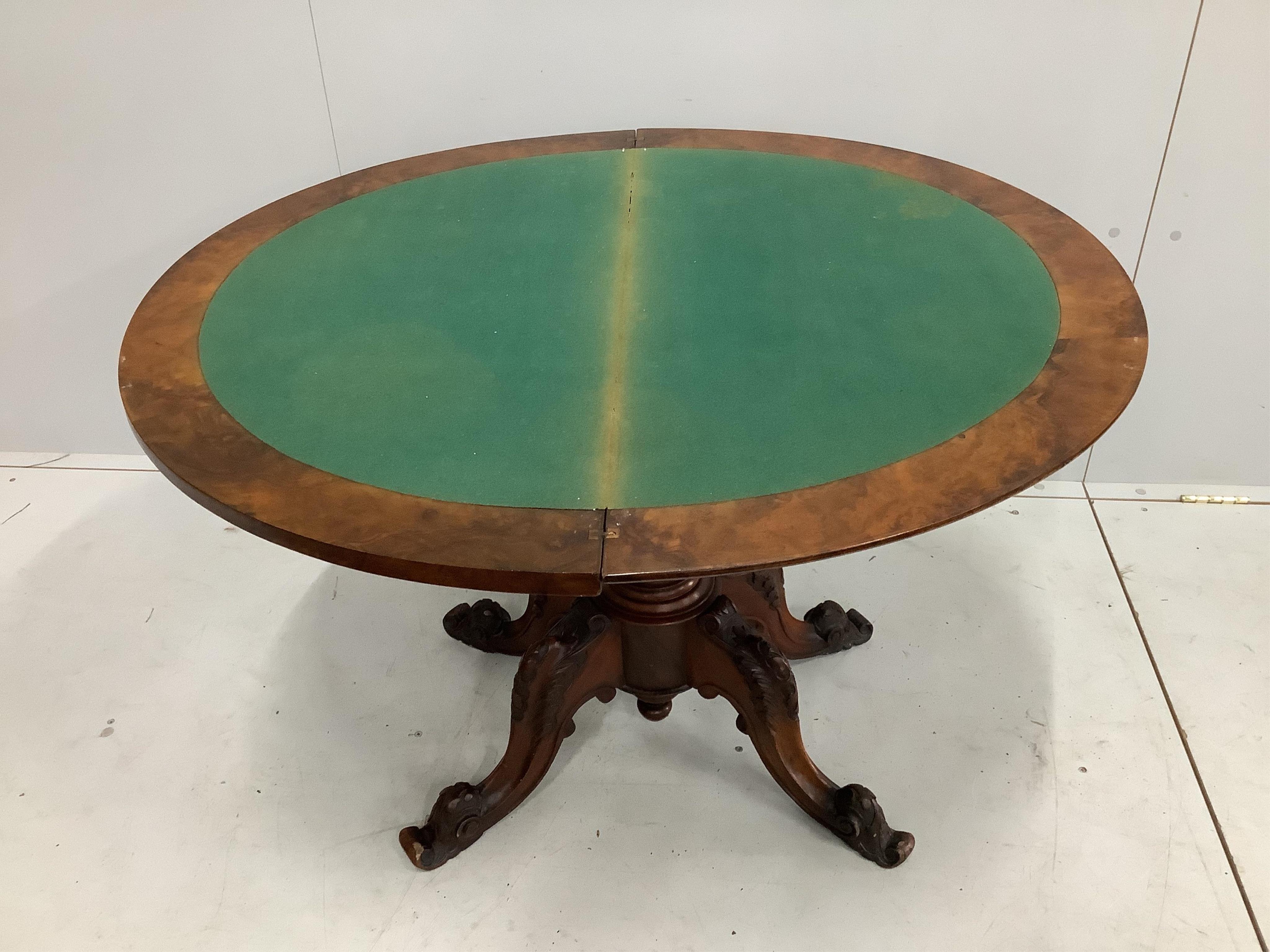 A Victorian figured walnut D shaped folding card table, width 90cm, depth 49cm, height 69cm